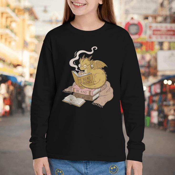 Cute Dragon Be Kind Stay Weird Read Books Youth Long Sleeve Tee