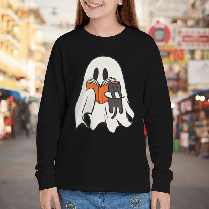 Cute Ghost Cat Reading Book Spooky Season Halloween Costume Youth Long Sleeve Tee