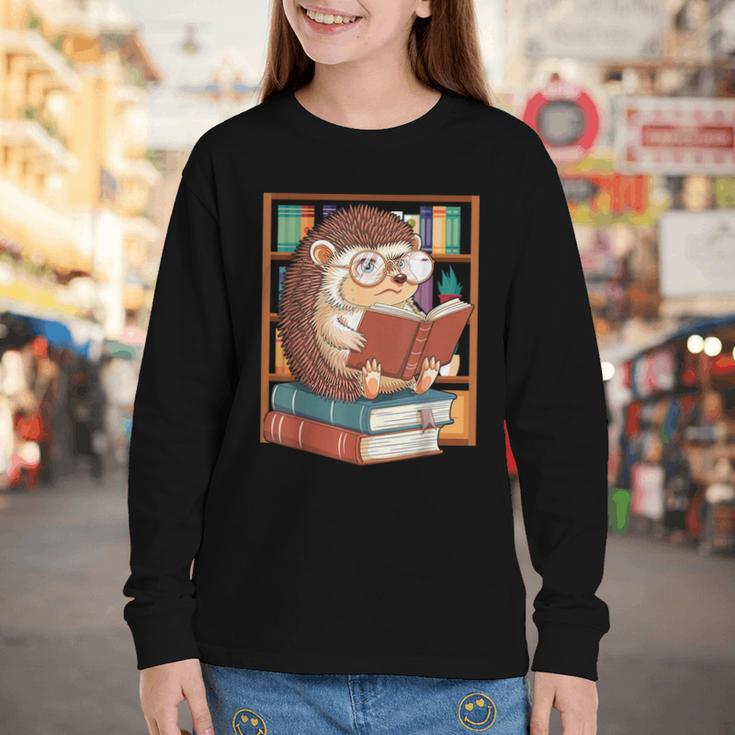 Cute Hedgehog Book Nerd Youth Long Sleeve Tee
