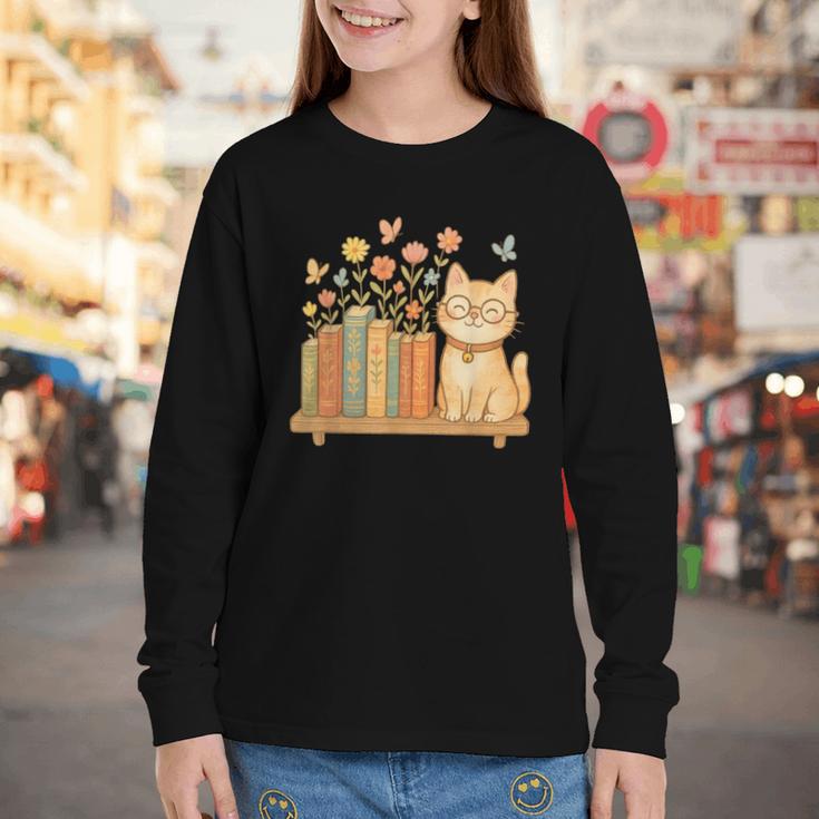 Cute Kawaii Cat Books Flowers Youth Long Sleeve Tee