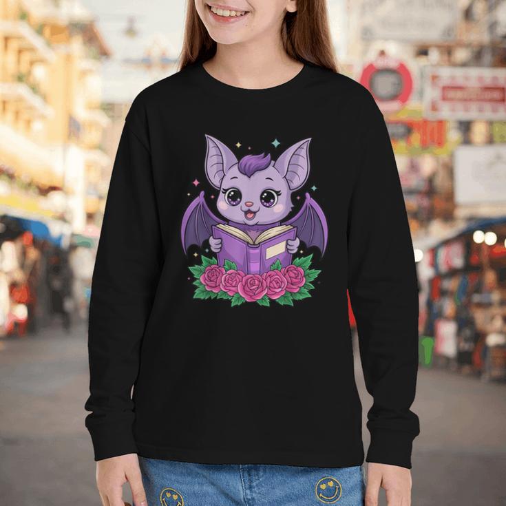 Cute Pastel Goth Bat Reading Book Youth Long Sleeve Tee