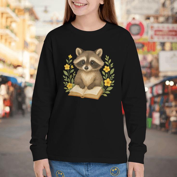 Cute Raccoon Reading Book Flowers Floral Youth Long Sleeve Tee