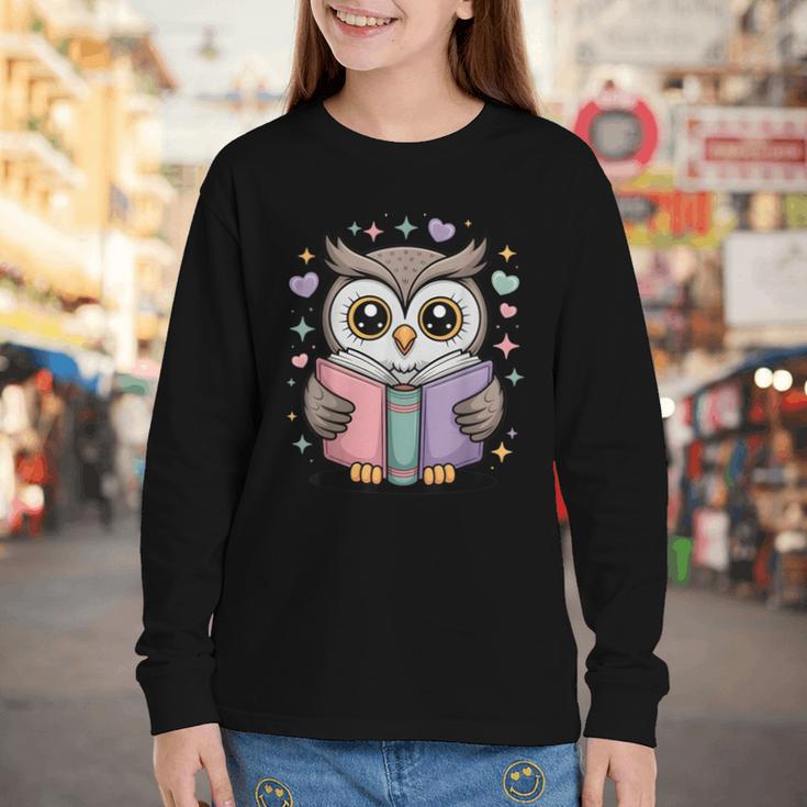 Cute Reading Owl Book Lover Teacher Librarian Bookworm Youth Long Sleeve Tee