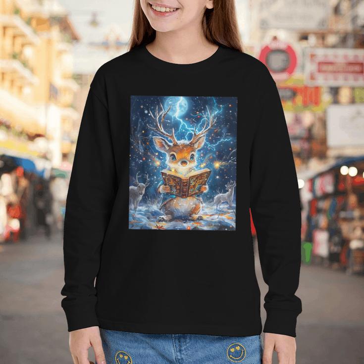 Deer Reads Book Women Girls Reindeer Youth Long Sleeve Tee