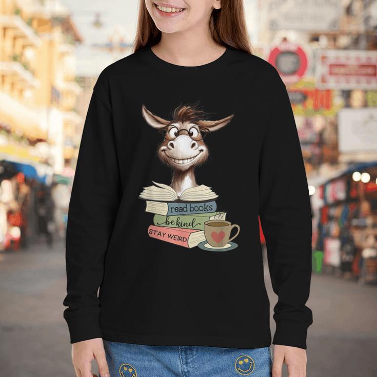 Donkey Reading Book Read Books Be Kind Stay Weird Librarian Youth Long Sleeve Tee