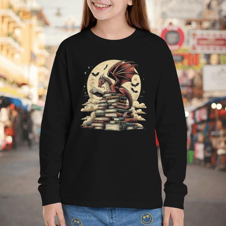 Dragon Reading a Book Dragons And Books Lover Bookworm Youth Long Sleeve Tee