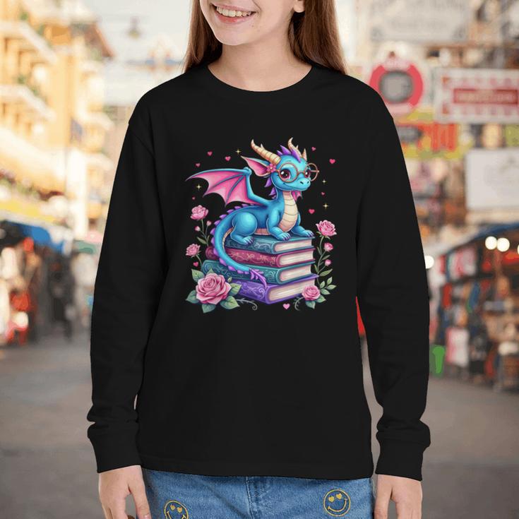 Dragons And Books Dragon Reading Book Lover Girl Bookworm Youth Long Sleeve Tee