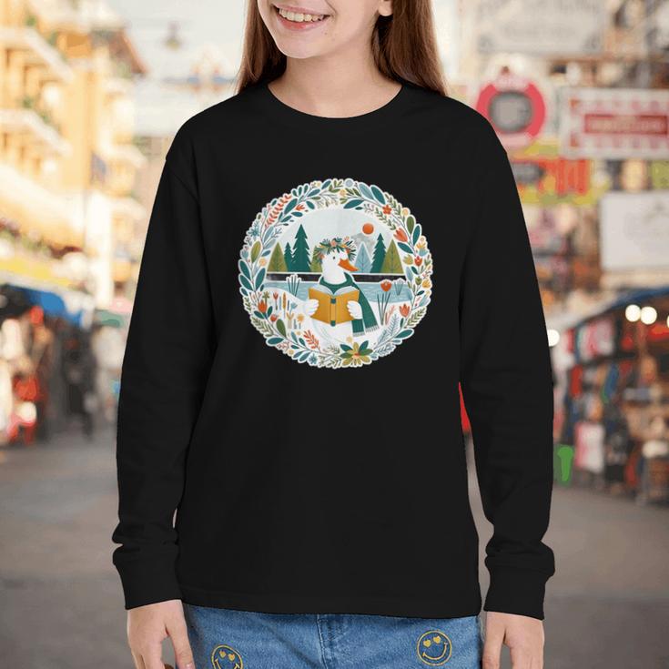 Duck Wilderness Book Reading Illustration Floral Youth Long Sleeve Tee