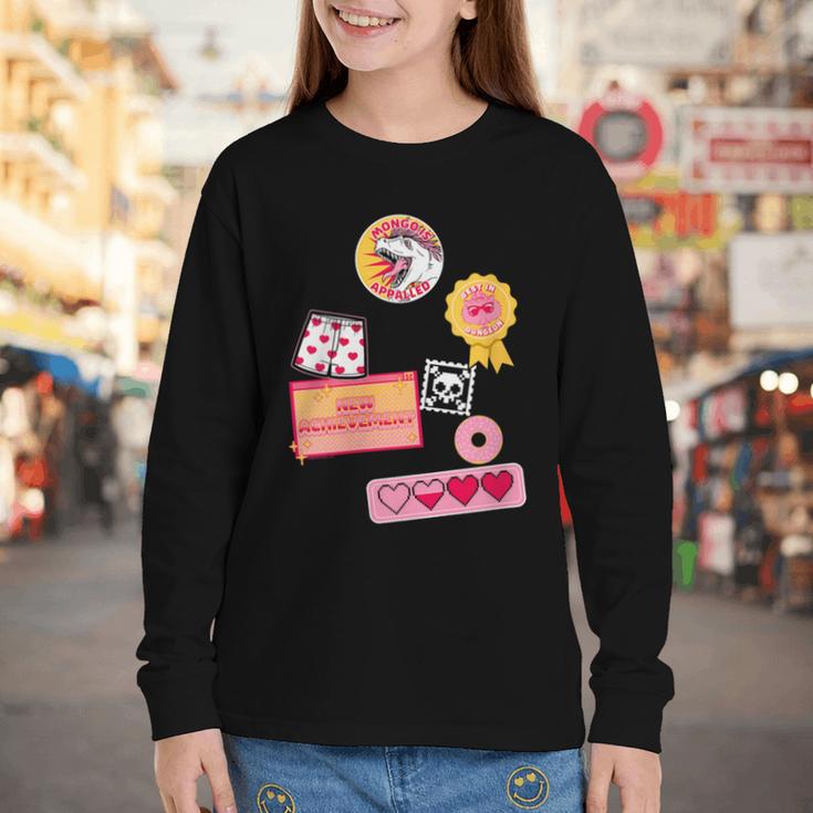 Dungeon Crawler Carl Colorful Sticker Collage LitRPG Book Youth Long Sleeve Tee Dungeon Crawler Carl Colorful Sticker Collage LitRPG Book Youth Long Sleeve Tee