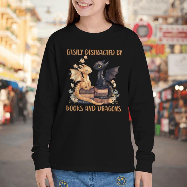 Easily Distracted By Books & Dragons Librarian Book Lover Youth Long Sleeve Tee