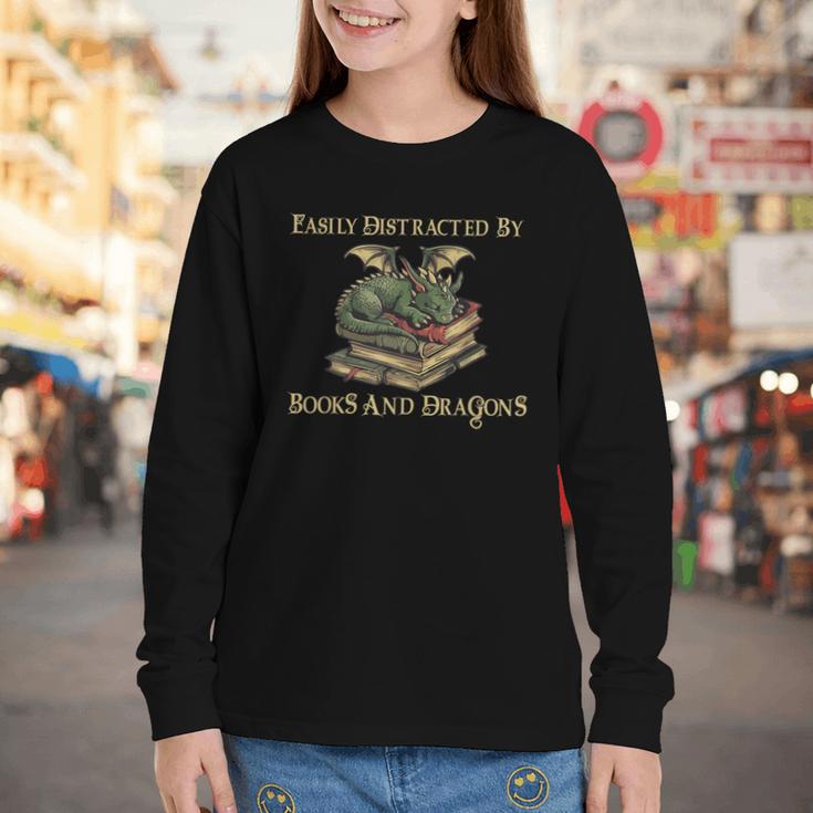 Easily Distracted By Books And Dragons Graphic Youth Long Sleeve Tee