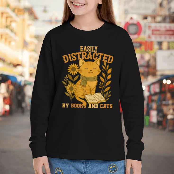 Easily Distracted By Cats And Books Cute Cat Book Lover Youth Long Sleeve Tee