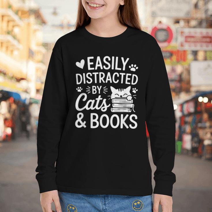 Easily Distracted By Cats And Books Reading Apparel Youth Long Sleeve Tee