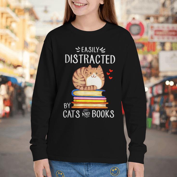 Easily Distracted By Cats And Books Reading Lover Bookish Youth Long Sleeve Tee