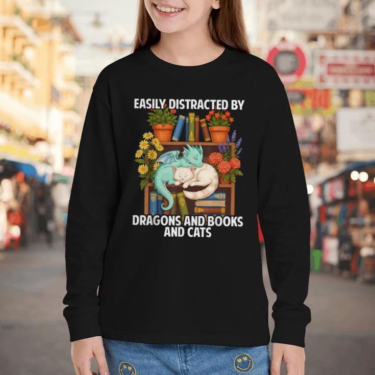 Easily Distracted By Dragons Books Cats Fantasy Book Lover Youth Long Sleeve Tee
