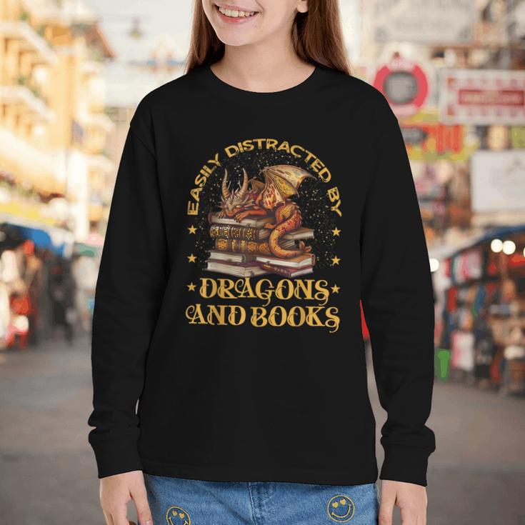 Easily Distracted By Dragons And Books Fantasy Book Lover Youth Long Sleeve Tee