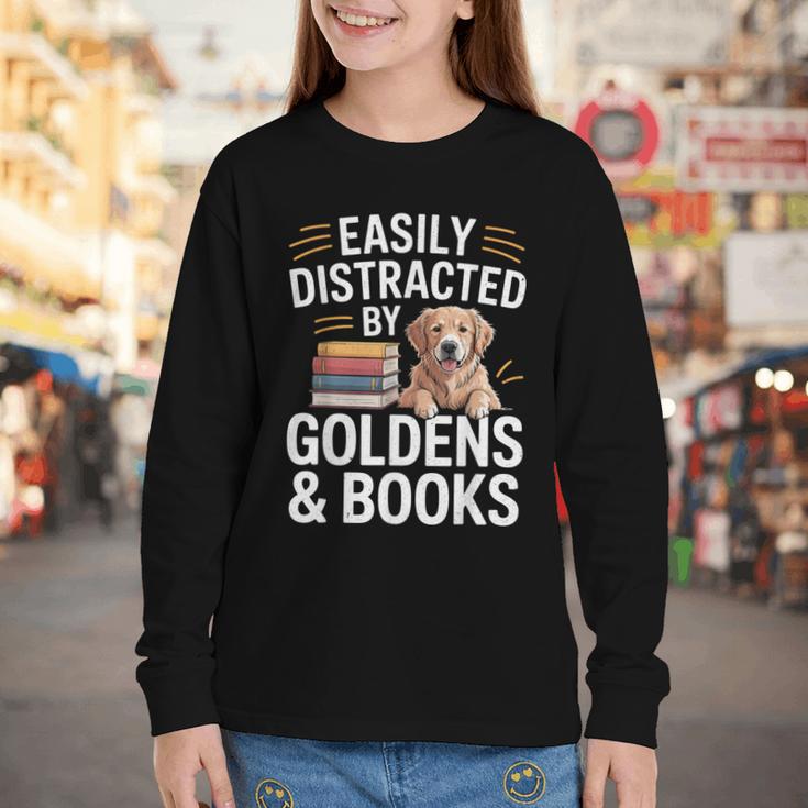 Easily Distracted By Goldens & Books Golden Retriever Dog Youth Long Sleeve Tee