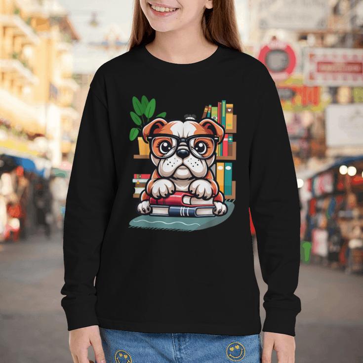 English Bulldog Reading a Book Dog Youth Long Sleeve Tee
