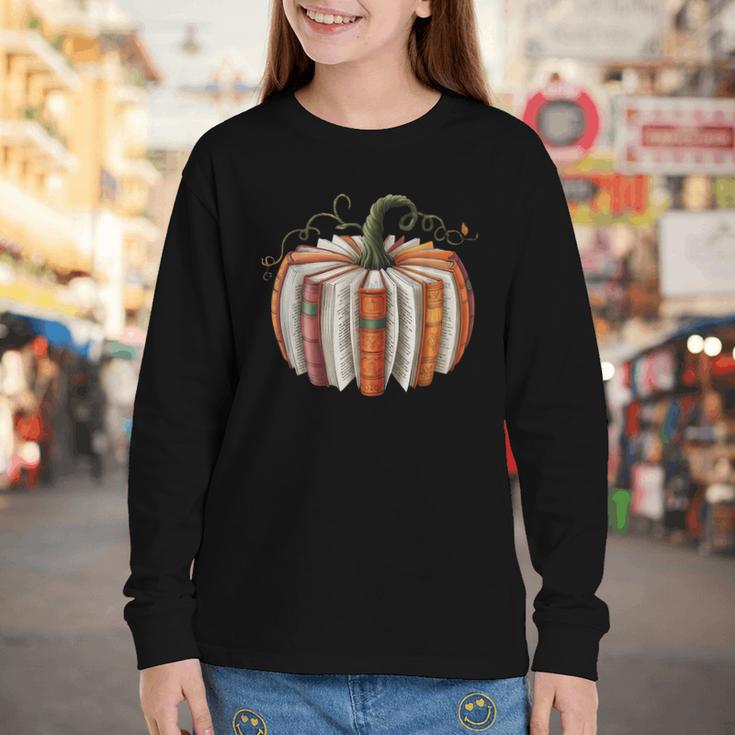 Fall Book Pumpkin Halloween Teacher Librarian Thanksgiving Youth Long Sleeve Tee