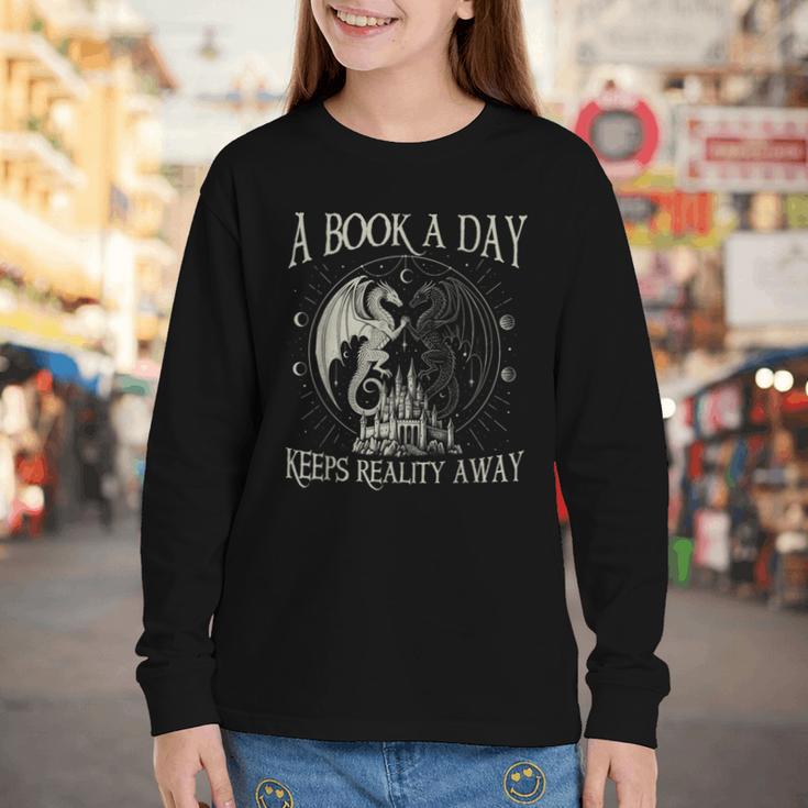 Fantasy Book Club Dragon Reader Book A Day Keep Reality Away Youth Long Sleeve Tee