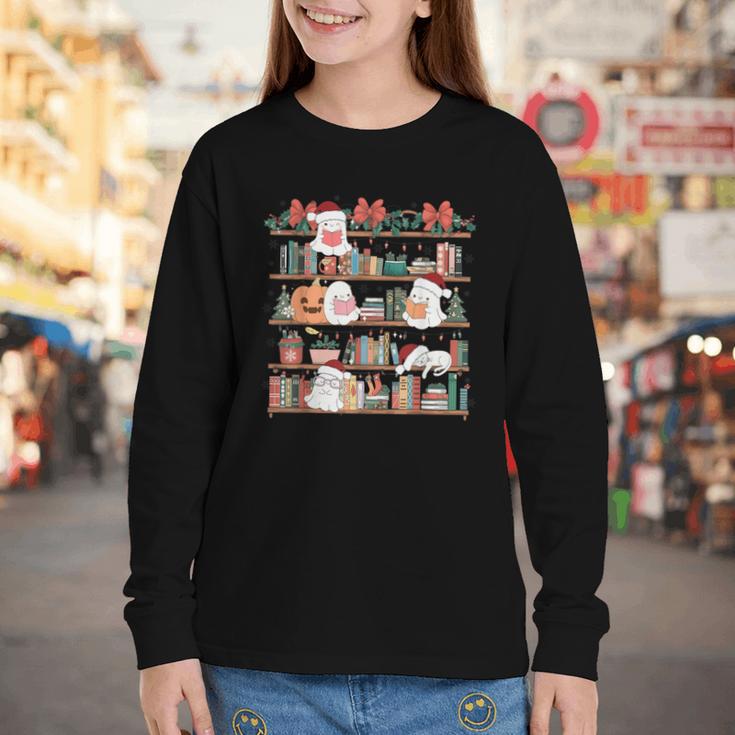 Ghost Christmas Reading Book Lover Library Christmas Teacher Youth Long Sleeve Tee