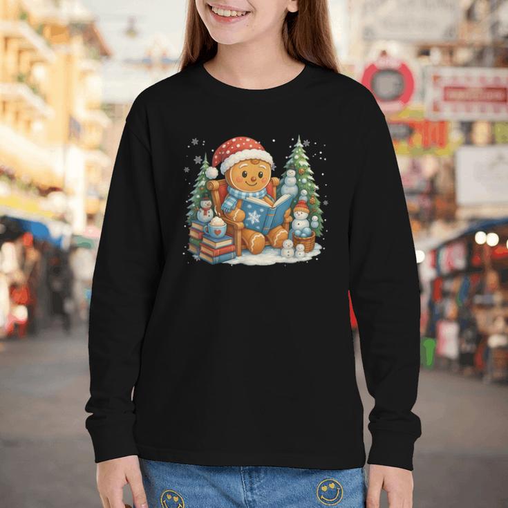 Gingerbread Reading Book Lovers Christmas Bookworm Librarian Youth Long Sleeve Tee