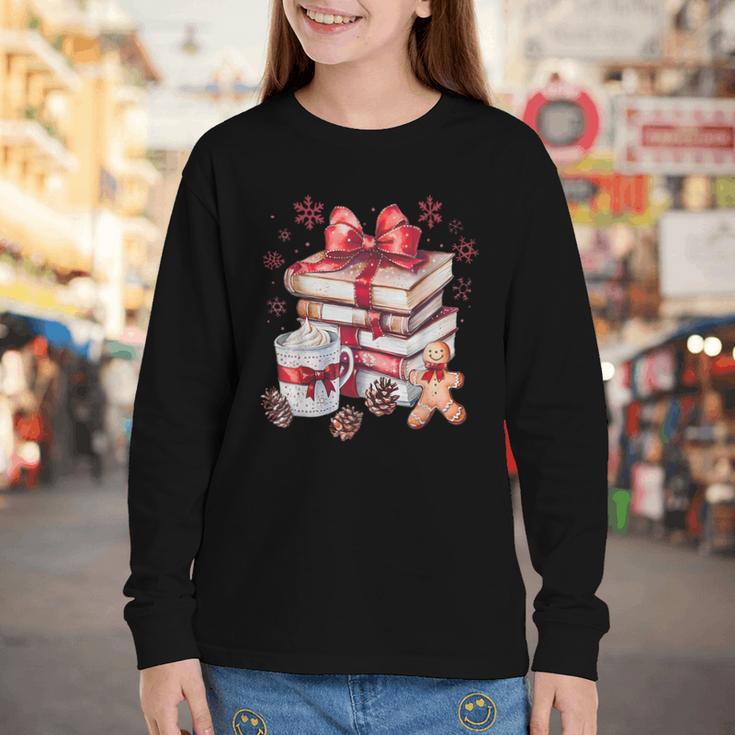 Girly Coquette Gingerbread Books And Hot Cocoa Cozy Season Youth Long Sleeve Tee