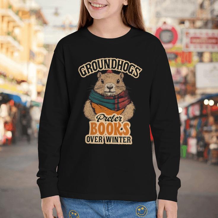 Groundhogs Prefer Books Over Winter February Youth Long Sleeve Tee