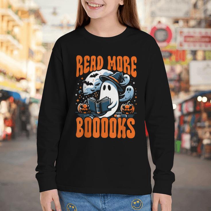 Halloween Book Lover Ghost Boo Pun Read More Boooks Youth Long Sleeve Tee