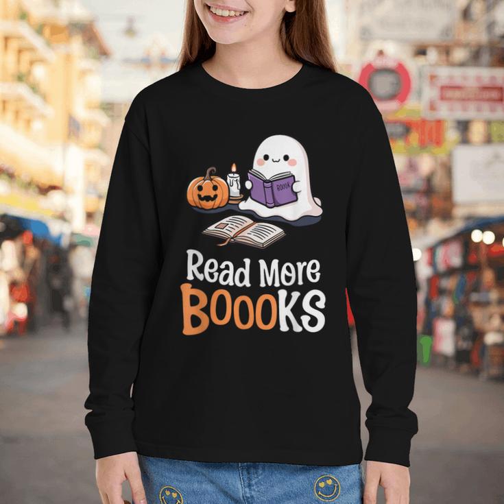 Halloween Teacher Women Cute Reading Ghost Read More Books Youth Long Sleeve Tee