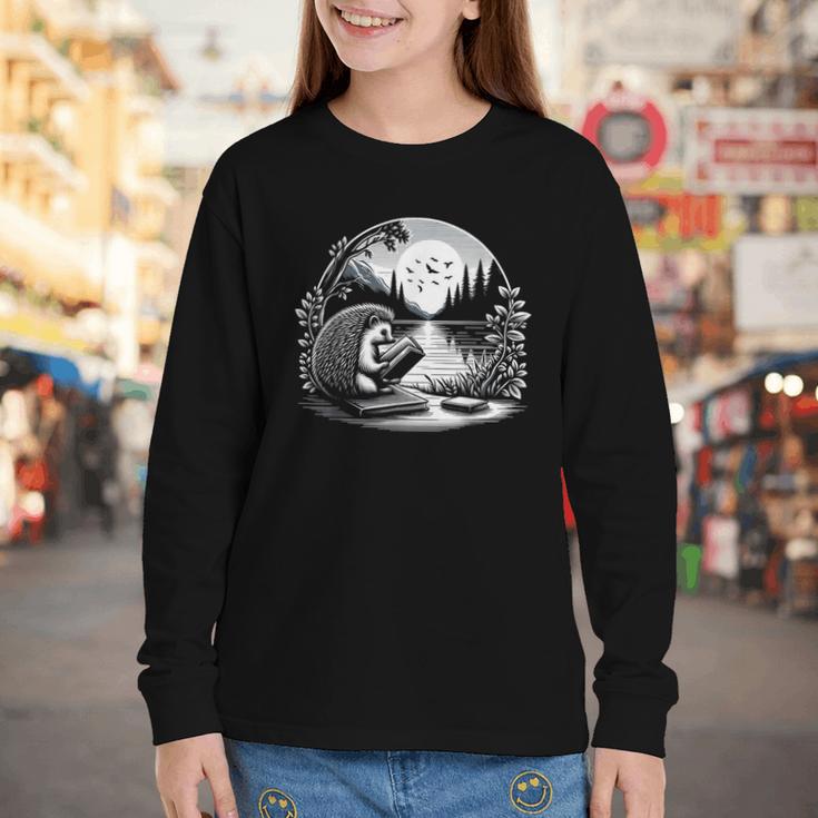 Hedgehog Reading Book Full Moon Lake Scenery Youth Long Sleeve Tee Hedgehog Reading Book Full Moon Lake Scenery Youth Long Sleeve Tee