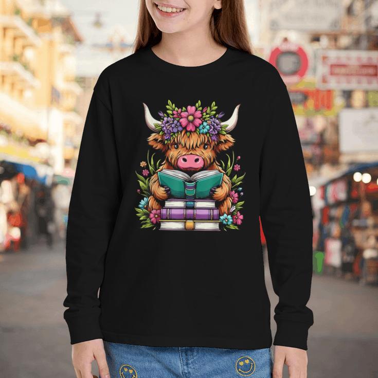 Highland Cow Book Floral Bookworm Youth Long Sleeve Tee