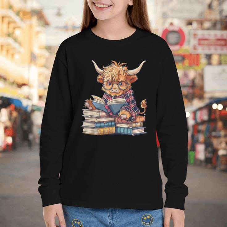Highland Cow Reading Book Librarian Library Youth Long Sleeve Tee