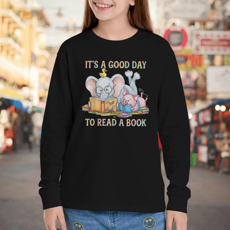 Its A Good Day To Read A Book Cute Pig & Elephant Adventure Youth Long Sleeve Tee