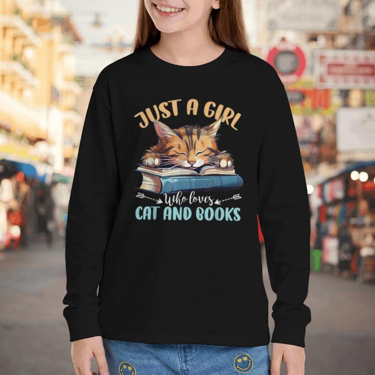 Just a Girl Who Loves Cats And Books Kitties Pet Art Lover Youth Long Sleeve Tee