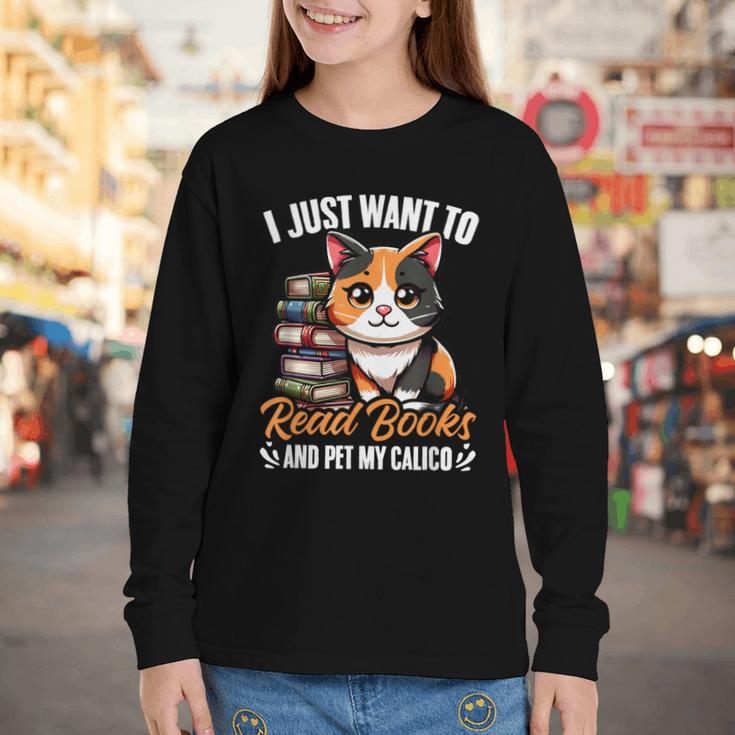 Kawaii Feline Book Reading Read Books Pet My Calico Cat Men Women Youth Long Sleeve Tee