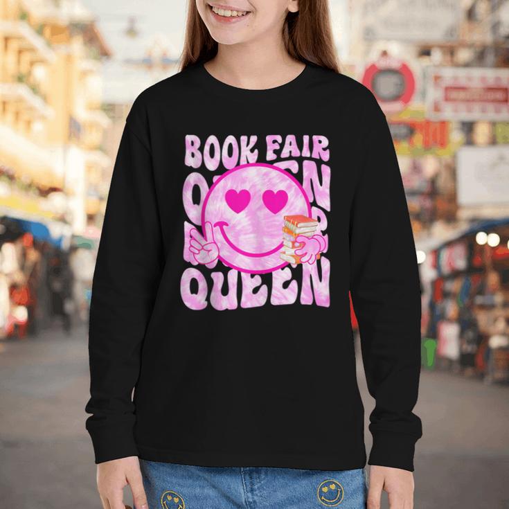 Library Book Fair Queen Vibe Groovy Tie Dye School Reading Youth Long Sleeve Tee