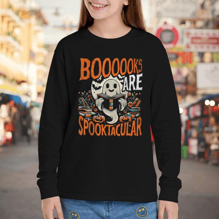 Library Halloween Book Lover Ghost With Books Youth Long Sleeve Tee Library Halloween Book Lover Ghost With Books Youth Long Sleeve Tee