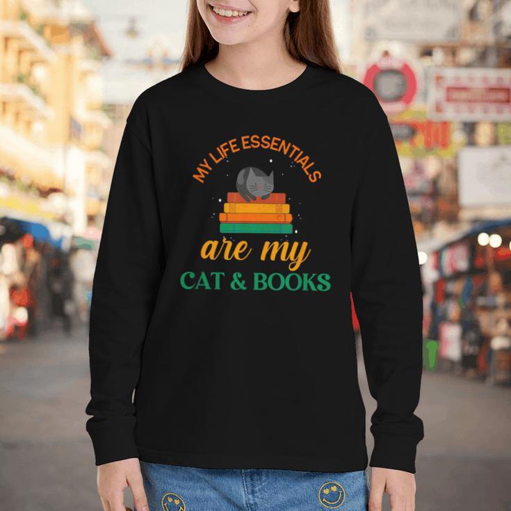 My Life Essentials Are Cat And Books Youth Long Sleeve Tee
