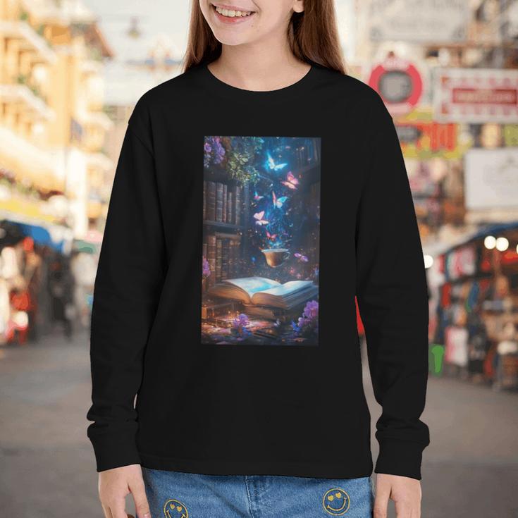 Magic Books Butterflies Fantasy Nature Tea Enchanting Youth Long Sleeve Tee