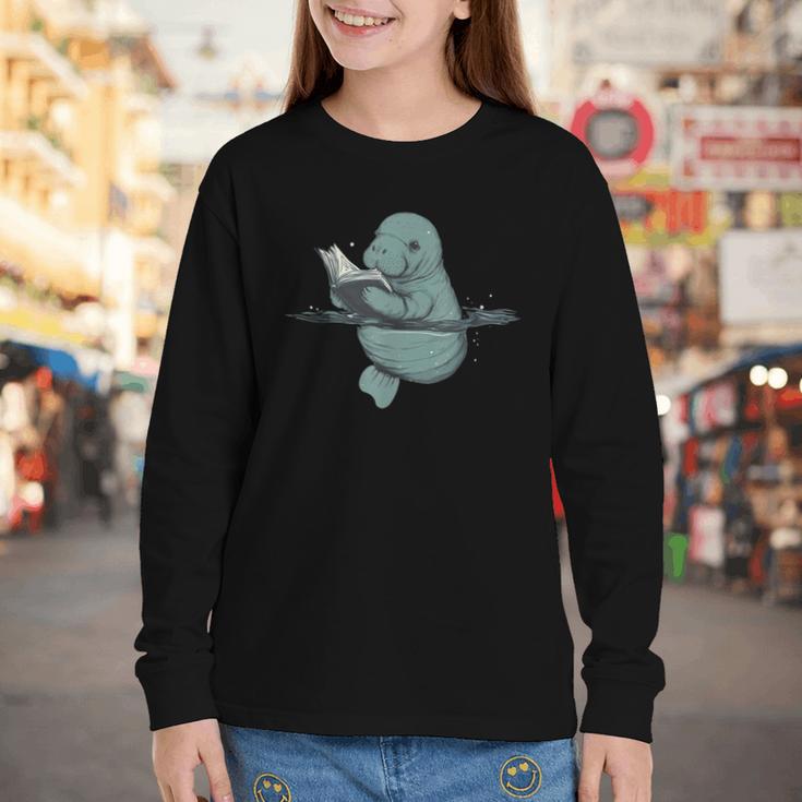 Manatee Reading Book Bookworm Manatees Ocean Animal Lover Youth Long Sleeve Tee