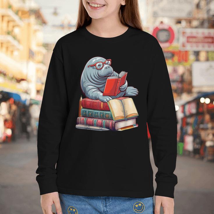 Manatee Reading Books Matching Bookworm Readers Librarian Youth Long Sleeve Tee