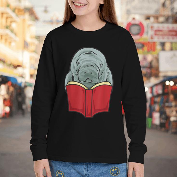 Manatee Reading Books Sea Animal Manatee Youth Long Sleeve Tee