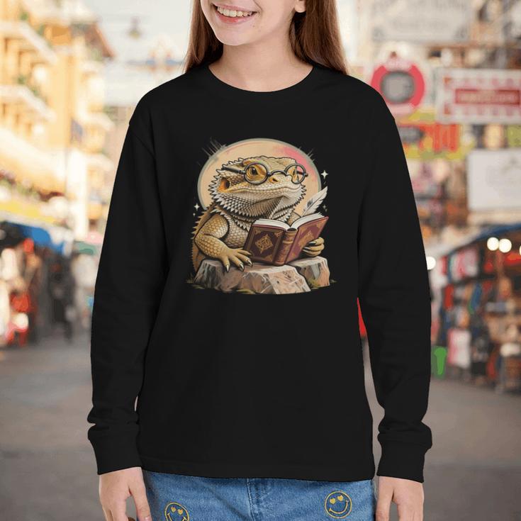 Nerdy Bearded Dragon Glasses Book Reading Youth Long Sleeve Tee