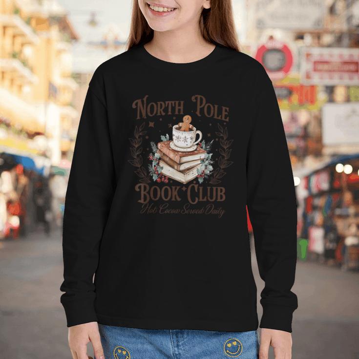 North Pole Book Club Hot Cocoa Served Daily Librarian Xmas Youth Long Sleeve Tee