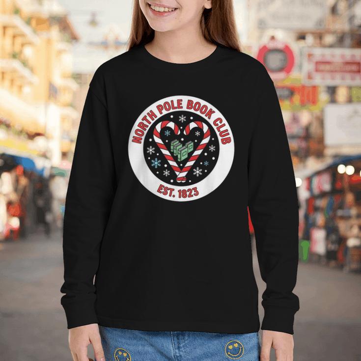 North Pole Book Club Shirt Candy Cane Christmas Youth Long Sleeve Tee