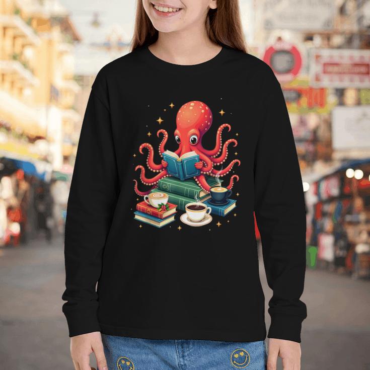 Octopus Reading Books Tea Coffee Youth Long Sleeve Tee