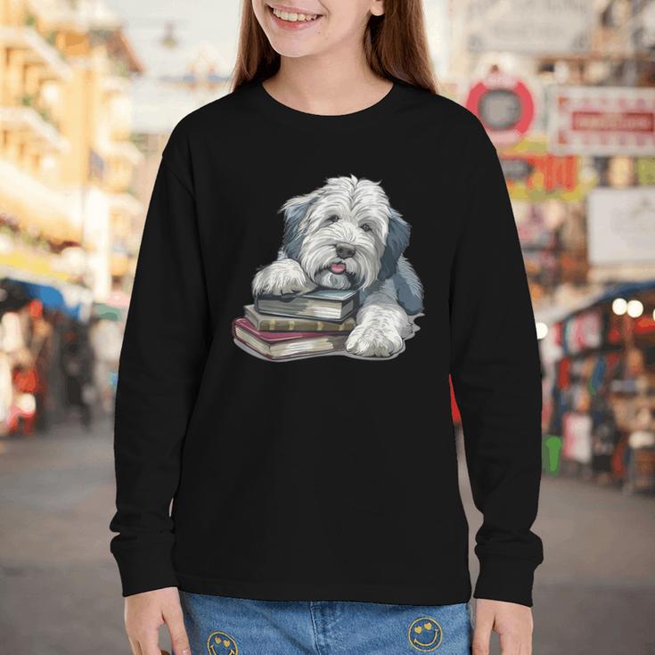 Old English Sheepdog Books Reading Dog Breed Graphic Youth Long Sleeve Tee