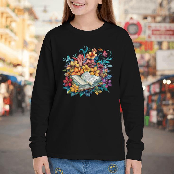 Open Book With Colorful Floral Reading Magic Youth Long Sleeve Tee
