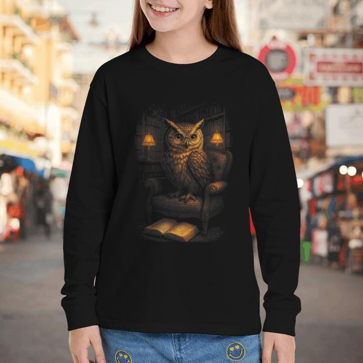 Owl Library Books Wisdom Reading Vintage Scholar Youth Long Sleeve Tee
